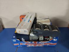 A box of household sundries including kitchen three piece canister set, Bush CD cassette boom box,