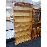 A large set of pine open bookshelves