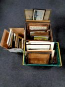 Three boxes containing a large quantity of pictures and prints, embroidery, coloured engravings etc,