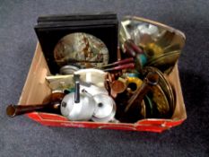 A box containing miscellaneous to include brass embossed plaques,