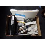 A box containing Nintendo Wii and Wii Fit board, Play Station III, Play Station II, three games,