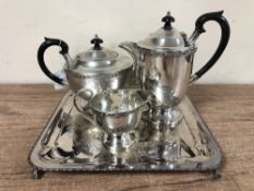 A Sheffield silver plated three piece tea service on tray