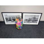 A glass jar containing a large quantity of coloured ping pong balls (as found) together with two