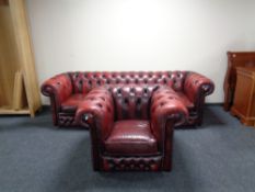 A red button leather Chesterfield club settee and armchair