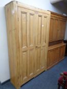 An antique pine double door hall wardrobe, height 208 cm,