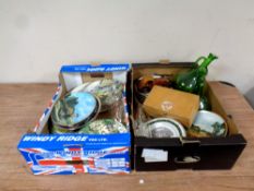 Two boxes containing a quantity of collector's plates, ship in bottle, green glass decanters,
