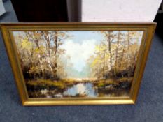 An oil on board, river through a rural landscape, indistinctly signed,