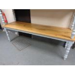 An oak topped refectory dining table on painted base, length 240 cm,