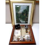 A watercolour of a waterfall, indistinctly signed, together with a nautical montage in frame,