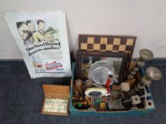 A box containing miscellaneous to include Edwardian framed mirror, chess board and pieces,