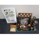 A box containing miscellaneous to include Edwardian framed mirror, chess board and pieces,