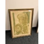 A signed continental colour print depicting a mother with child,