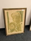 A signed continental colour print depicting a mother with child,