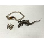 A marcasite lizard brooch, a butterfly brooch,