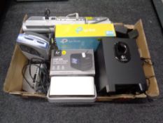 A box containing assorted electricals to include DAB radios, radio CD players, computer speakers,