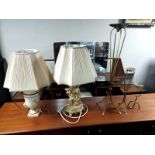 Two contemporary table lamps and three metal pricket candlesticks