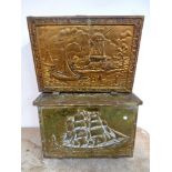 An antique brass embossed slipper box and magazine rack depicting ships