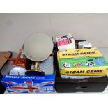 Two boxes containing contemporary mirror, kitchen scales, steam cleaner,