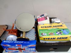 Two boxes containing contemporary mirror, kitchen scales, steam cleaner,