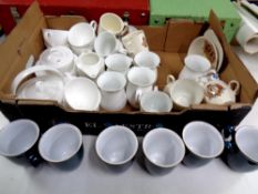 A box containing assorted ceramics to include Denby mugs, white china mugs,