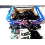 A box containing Asahi Pentax cameras including Spotmatic, Spotmatic F (x2), ES II,
