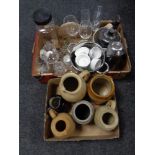 Two boxes containing pottery jugs, kitchen storage jars, assorted glassware, kitchenalia,