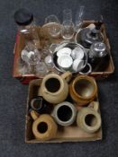 Two boxes containing pottery jugs, kitchen storage jars, assorted glassware, kitchenalia,