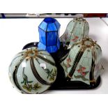 A tray containing blue mottled glass light shade together with three further Art Nouveau style