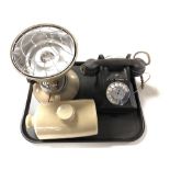 A tray containing vintage Bakelite GPO telephone handset together with a stoneware hot water bottle