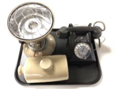 A tray containing vintage Bakelite GPO telephone handset together with a stoneware hot water bottle