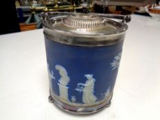 A Wedgwood Jasperware silver plated lidded biscuit barrel
