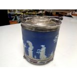 A Wedgwood Jasperware silver plated lidded biscuit barrel