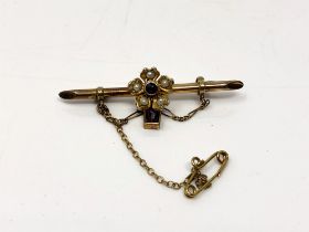 A 9ct gold antique bar brooch set with amethyst and seed pearls, 2.