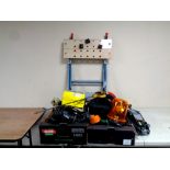 Two boxes containing a quantity of tools, extension reel, spray gun, car jack etc,