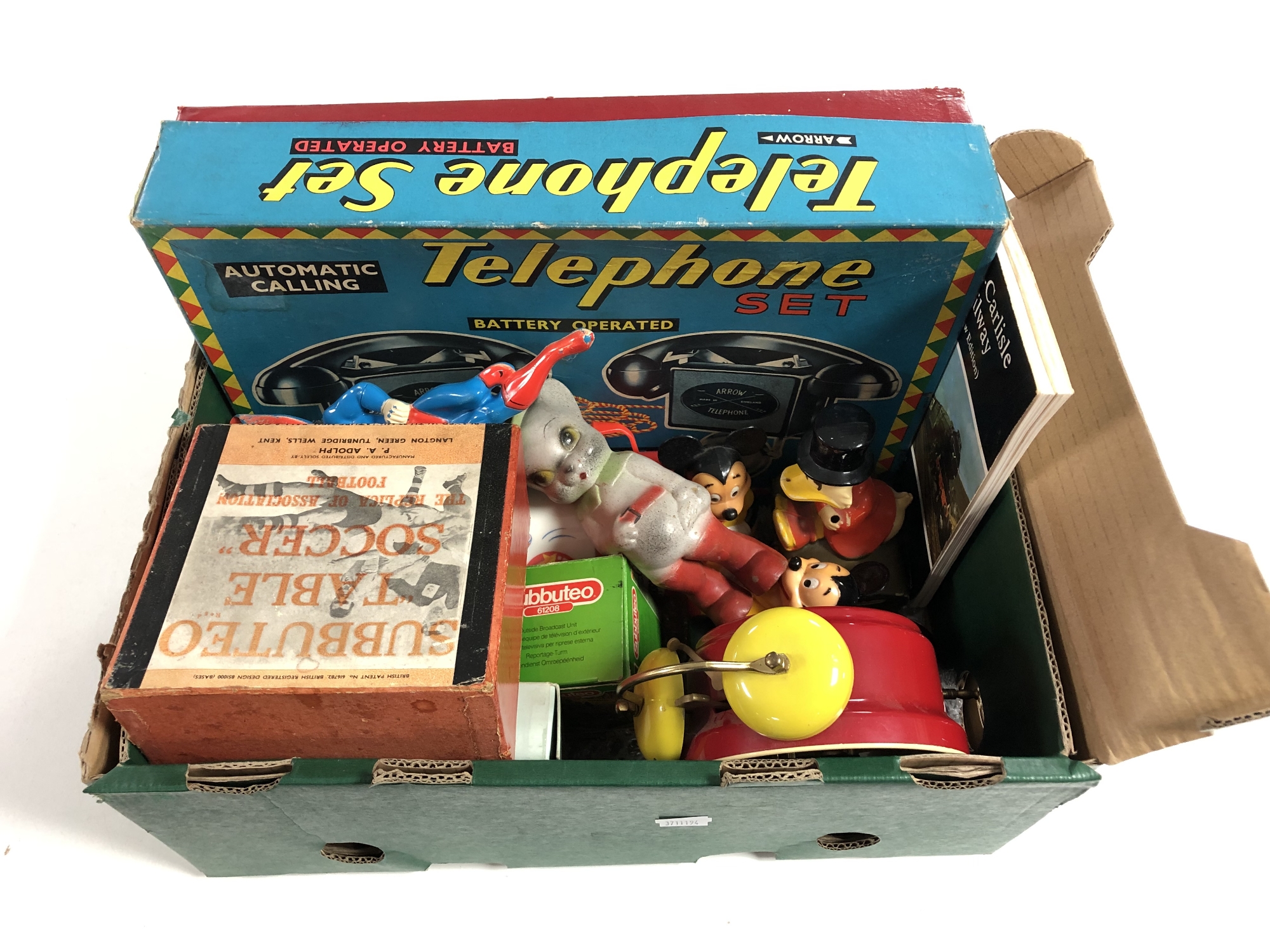 A box of assorted toys and games including Subbuteo, Canasta card game, Arrow toys telephone set,