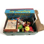 A box of assorted toys and games including Subbuteo, Canasta card game, Arrow toys telephone set,