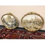 A pair of gilt framed mother of pearl collage pictures depicting Japanese landscapes (2)