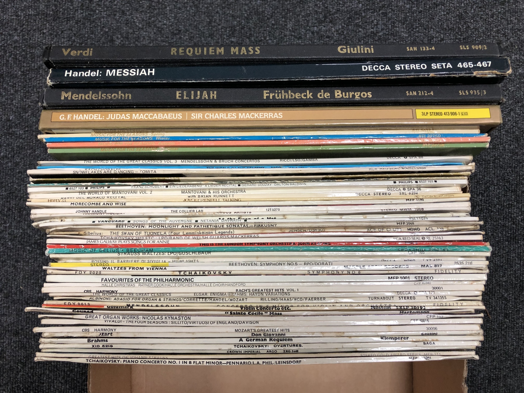 A box containing vinyl LPs, classical to include Beethoven, Tchaikovsky,