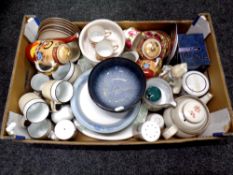A box containing assorted ceramics to include part Denby tea and dinner services,