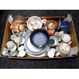 A box containing assorted ceramics to include part Denby tea and dinner services,