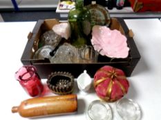 A box of glass ashtrays including Wills and Woodbine, ruby glass vase, specimen quartz sample,