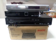 A boxed Sanyo stereo turntable TP59 together with a Sanyo DVD player,