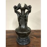 An Art Nouveau style bronze vase on black marble base, height 39.