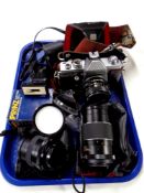 A tray containing Praktica LTL 3 camera with lenses and accessories