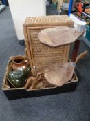 A box of vintage picnic basket, antique glazed pottery jug,