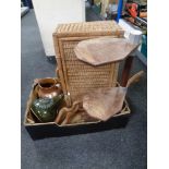 A box of vintage picnic basket, antique glazed pottery jug,