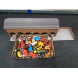 A box containing a quantity of Golden Bear plastic, Thomas the Tank Engine engines,