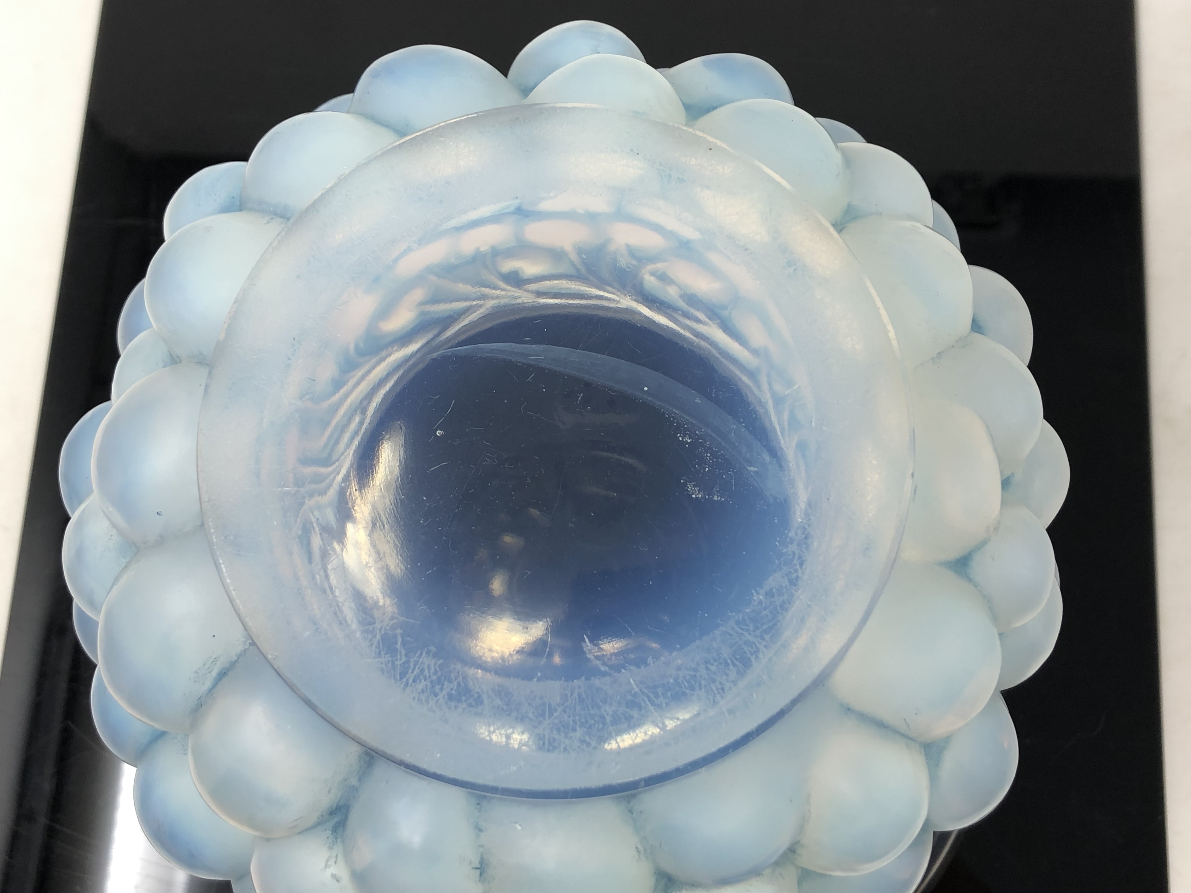 A Rene Lalique Cerises pattern opalescent glass vase, circa 1930, signed R. - Image 4 of 6