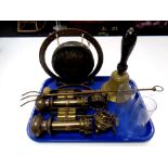 A tray containing a pair of GWR brass carriage lamps, a brass hand bell, toasting fork,