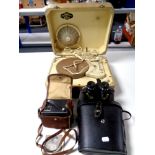 A box of mid century Philips disc jockey major record player, pair of Miranda binoculars in case,